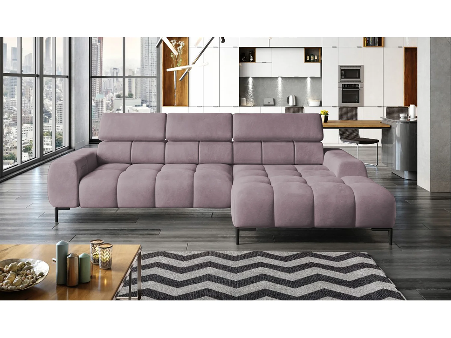 PlazaMINI PolstereckeL-Form Rechts, Hoekbank met Slaapfunctie, 3-zits, Verstelbare hoofdsteunen, MONOLITH, 177x270x99 cm, Poederroze