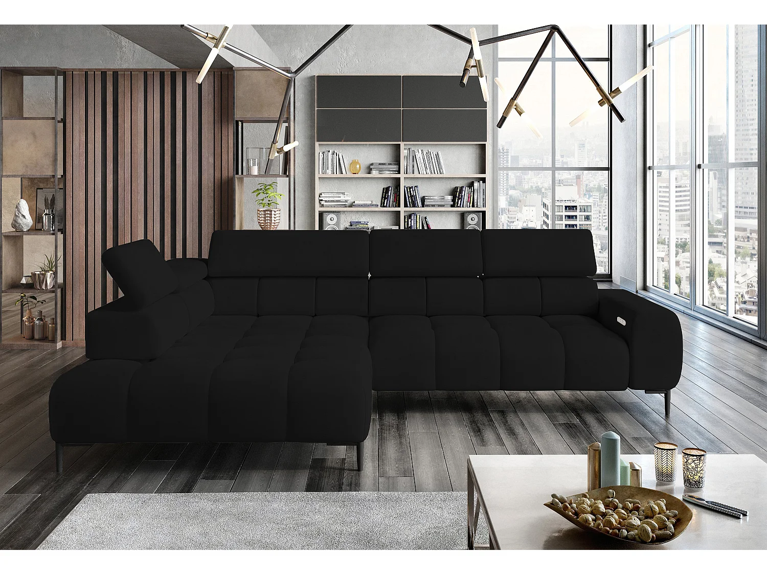 Canapé d'angle PLAZA-L tissu SOLAR, canapé avec dossier moelleux, méridienne gauche, style industriel, L-forme, 300x99x216cm, NOIR