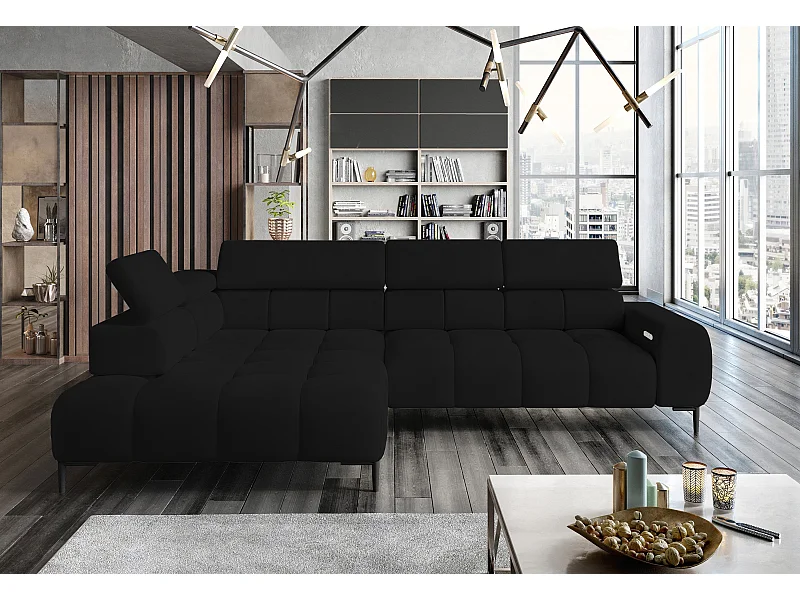 Canapé d'angle PLAZA-L tissu SOLAR, canapé avec dossier moelleux, méridienne gauche, style industriel, L-forme, 300x99x216cm, NOIR