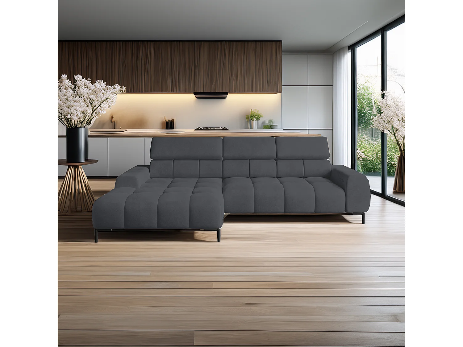 Ecksofa PLAZA-MINI Stoff SOLAR Longchair Links, Flauschige Rückenlehne, Industrial Style, L-Form, 270x99x177cm, L-GRAU