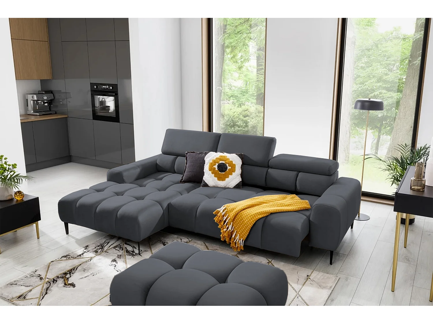 Hoeksalon PLAZA-MINI Stof SOLAR Longchair Links, Zachte Rugleuning, Industrieel Stijl, L-Vorm, 270x99x177cm, L-GRAY