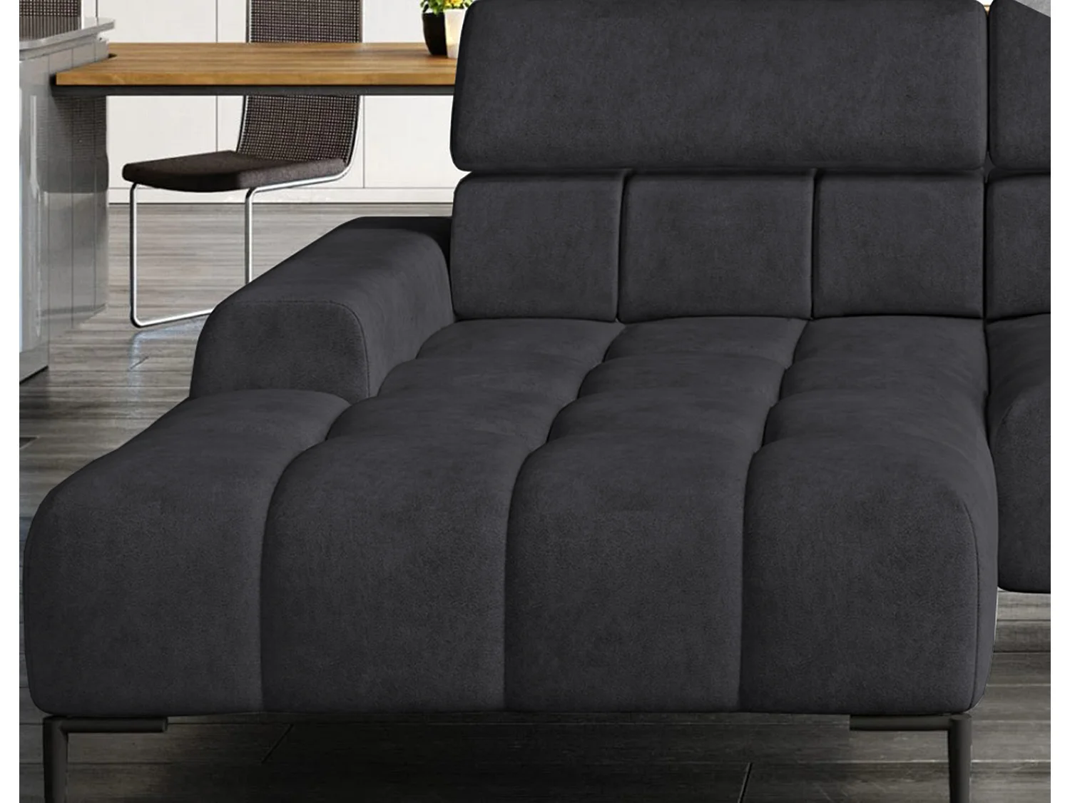 Canapé d'angle L-forme gauche, canapé avec fonction couchage, 3 places, têtières réglables, MONOLITH, 177x270x99 cm, Bleu marine