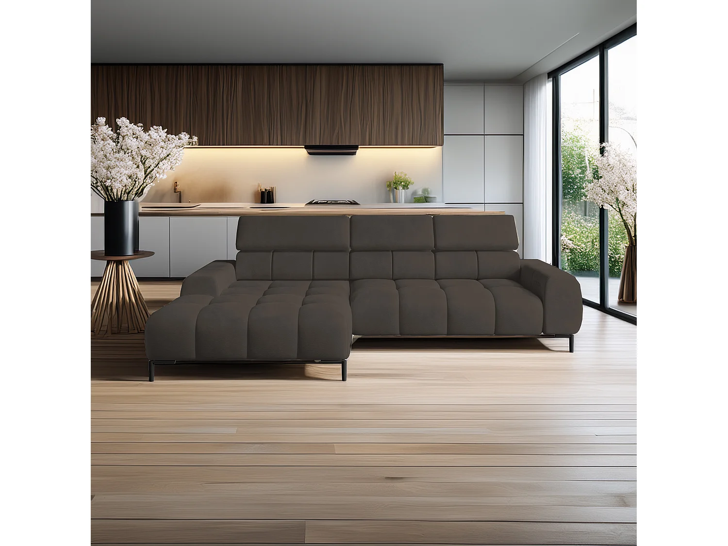 Hoeksalon PLAZA-MINI Stof SOLAR Longchair Links, Zachte Rugleuning, Industrieel Stijl, L-Vorm, 270x99x177cm, L-BRONZE