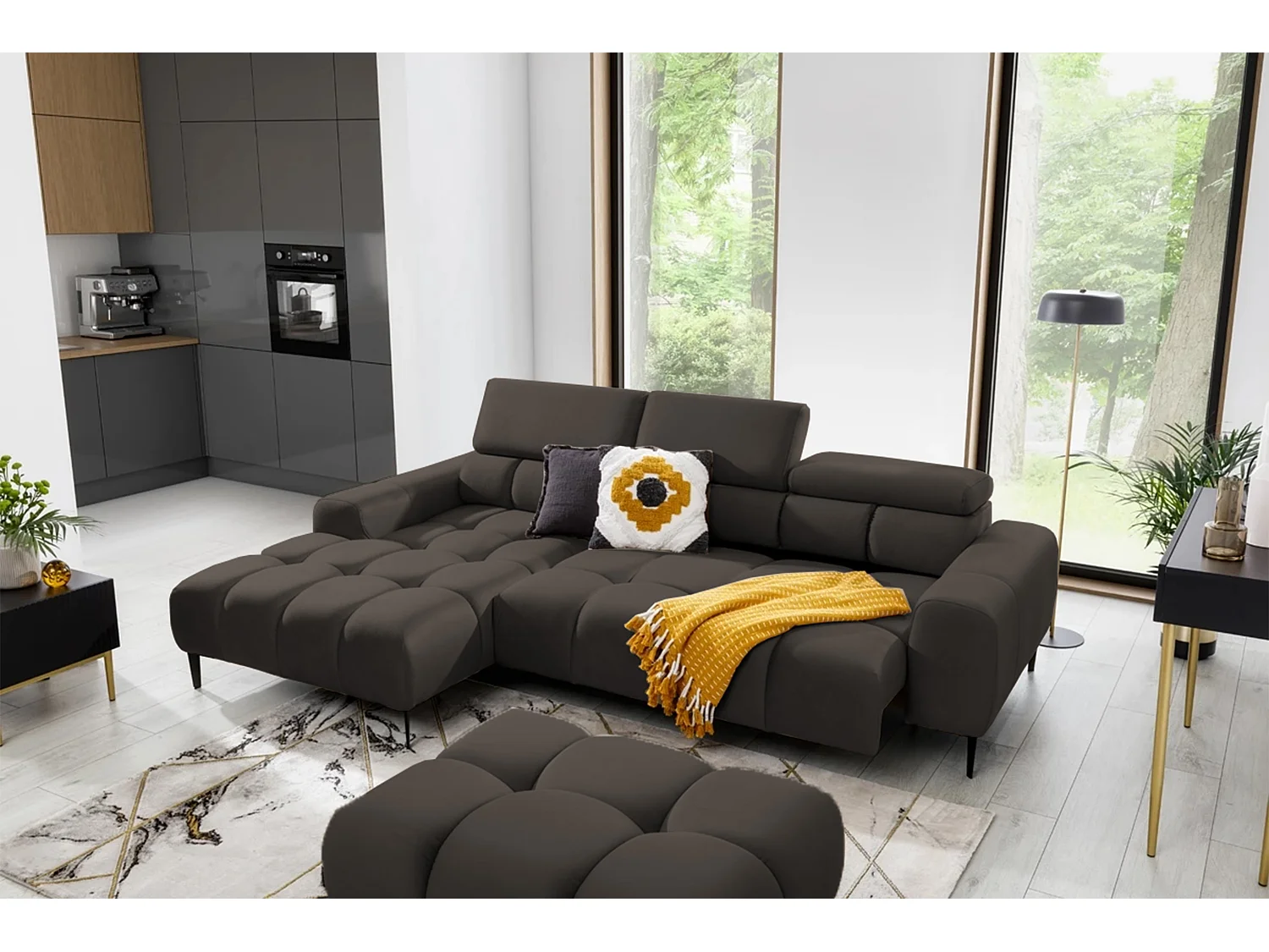 Hoeksalon PLAZA-MINI Stof SOLAR Longchair Links, Zachte Rugleuning, Industrieel Stijl, L-Vorm, 270x99x177cm, L-BRONZE