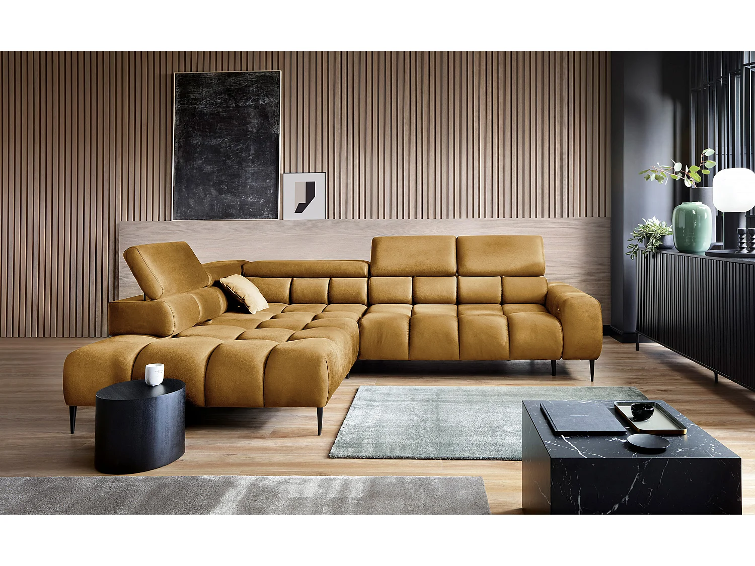 PLAZA-L Hoekbank Links Functioneel Comfortabel Bedfunctie Verstelbare Rugleuningen Verstelbare Zitting Verensysteem 300x216x99cm Goud