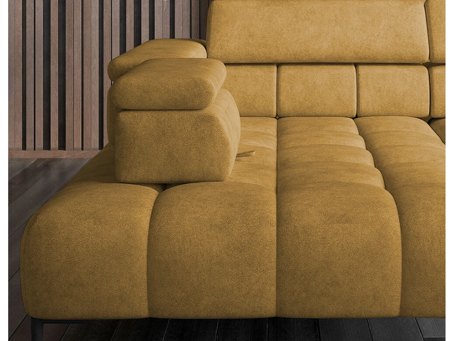 Ecksofa PLAZA-L Linke Funktional Komfortable Schlaffunktion Verstellbare Kopfstützen Verstellbarer Sitz Wellenfedersystem 300x216x99cm Gold