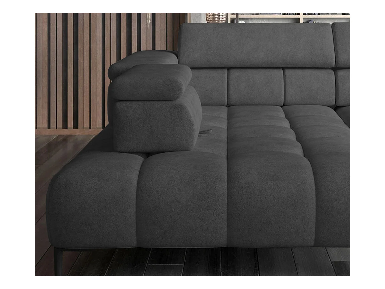 Canapé d'angle PLAZA-L tissu SOLAR, canapé avec dossier moelleux, méridienne droite, style industriel, L-forme, 300x99x216cm, GRIS