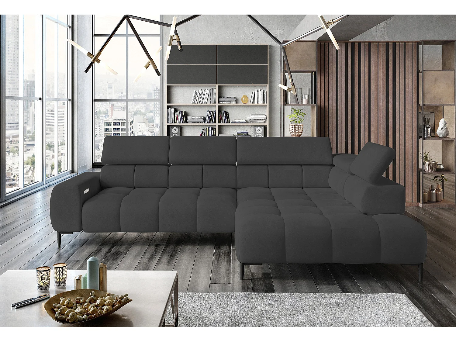Hoeksalon PLAZA-L Stof SOLAR Hoekbank Inclusief Comfortabele Zachte Rugleuning Longchair Rechts Industrieel Stijl L-Vorm Rechts 300x99x216cm GRAY