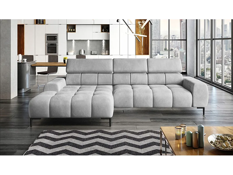 PlazaMINI Narożnik L-Form Lewy, Sofa z Funkcją Spania, 3-osobowa, Regulowane Oparcia, Tkanina: SALVADOR, 177x270x99 cm, Srebrny