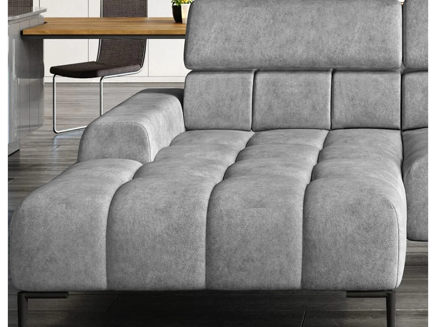 PlazaMINI Polsterecke L-Form Links, Ecksofa mit Schlaffunktion, 3-Sitzer, verstellbare Kopfstützen, Stoff: SALVADOR, 177x270x99 cm, Silber