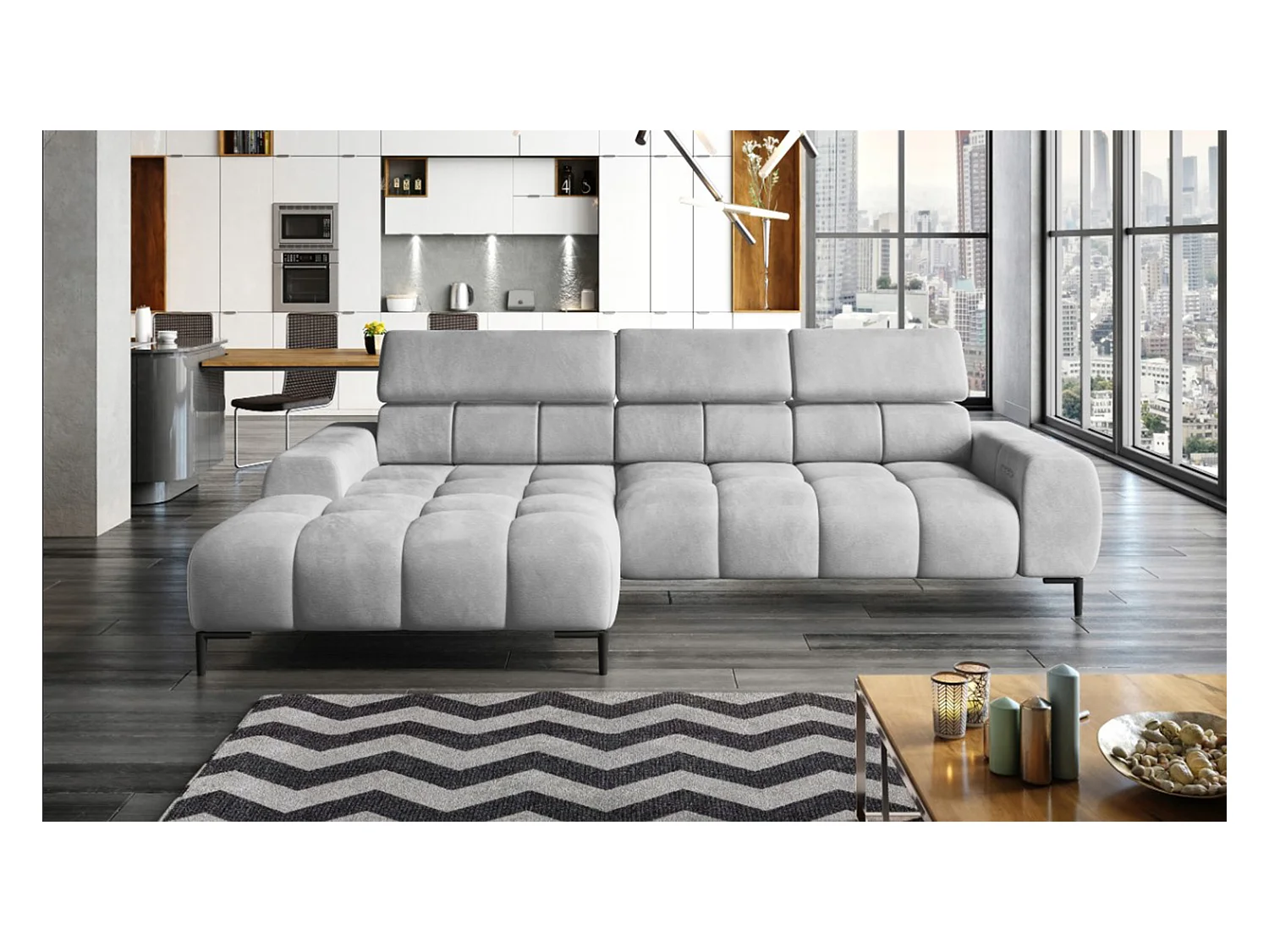 PlazaMINI Canapé d'angle L-forme Gauche, canapé avec fonction lit, 3 places, têtières réglables, tissu : SALVADOR, 177x270x99 cm, Argent