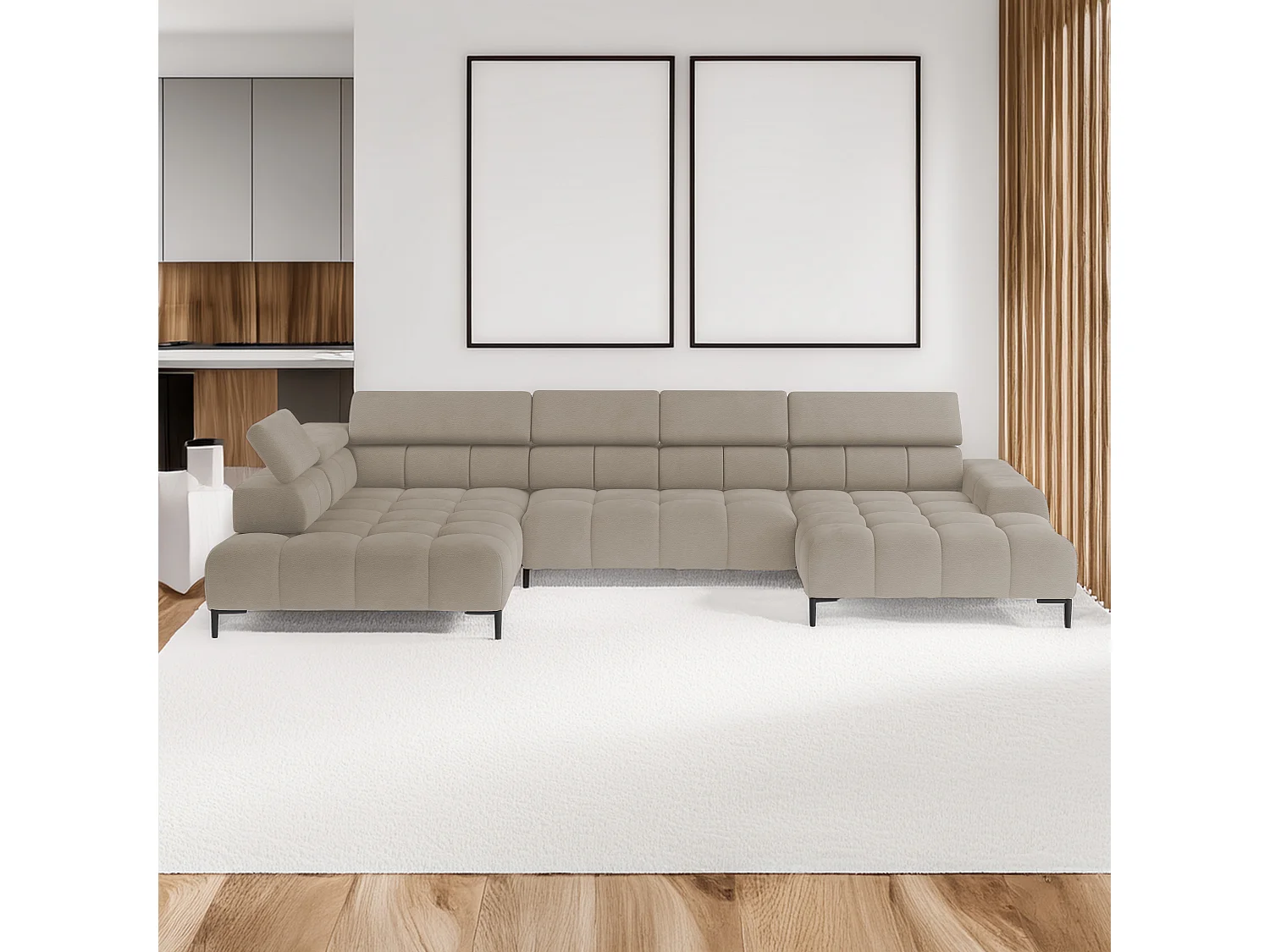 Narożnik PLAZA-U Stoff SOLAR, Industrialny styl, U-kształtny, lewa 216 cm, prawa 177 cm, z wygodnym oparciem, kremowy