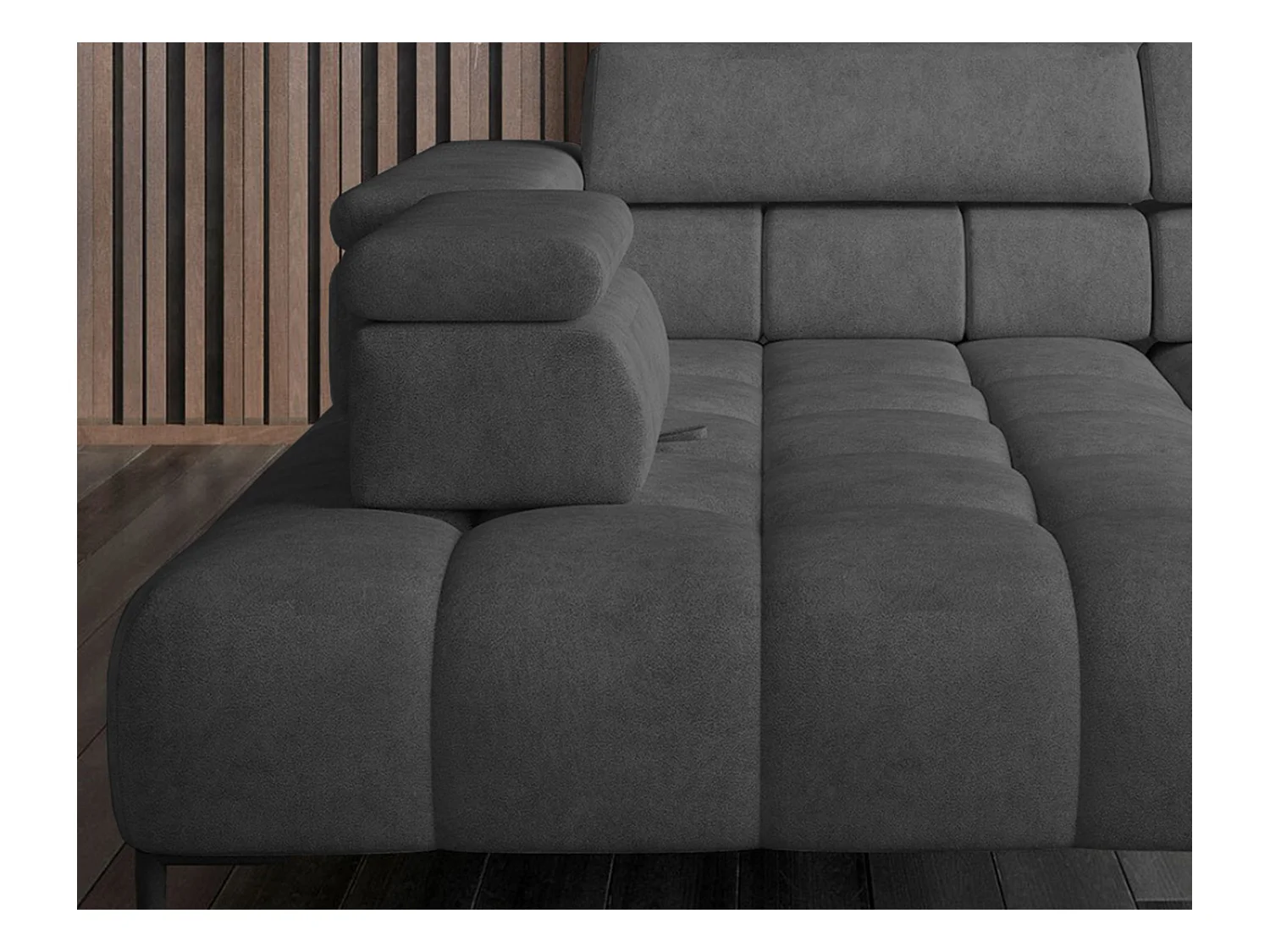 Canapé d'angle Plaza en forme de U - Côté gauche, Fonctionnel, Couchage confortable, Têtières réglables, Assise réglable 385x216 cm, Gris foncé