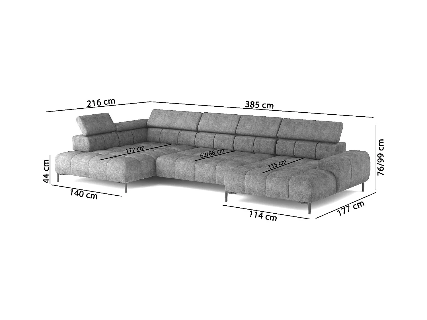 Canapé d'angle Plaza en forme de U - Côté gauche, Fonctionnel, Couchage confortable, Têtières réglables, Assise réglable 385x216 cm, Gris foncé