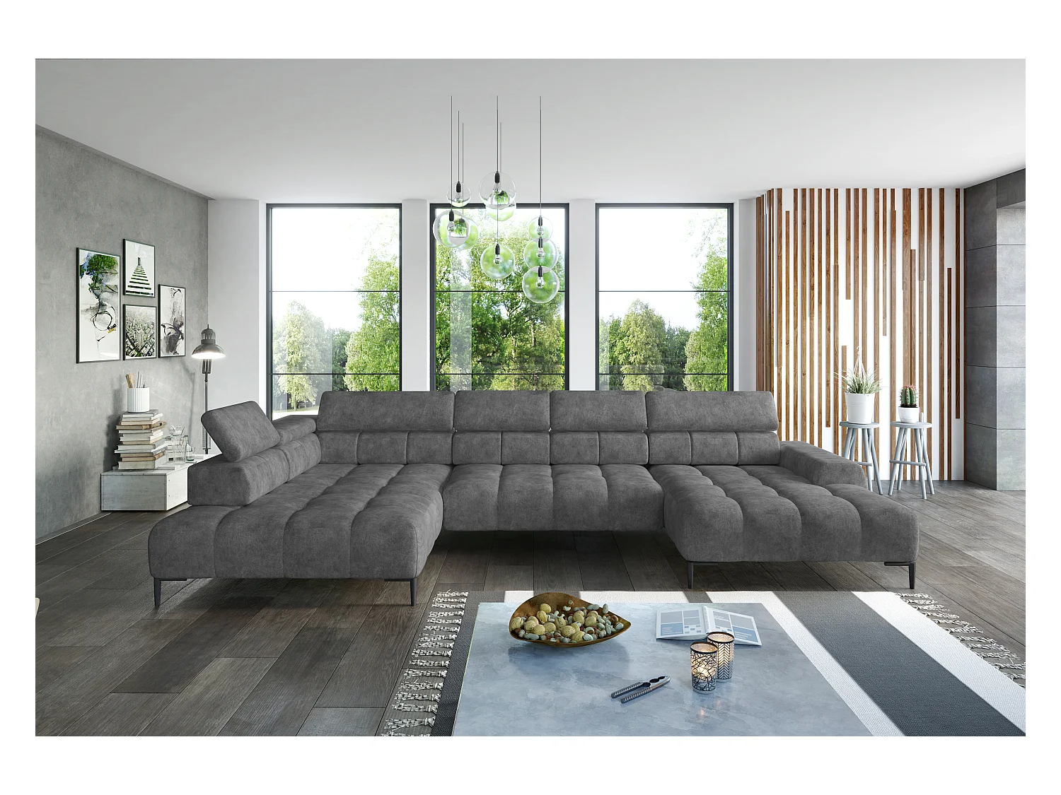Canapé d'angle Plaza en forme de U - Côté gauche, Fonctionnel, Couchage confortable, Têtières réglables, Assise réglable 385x216 cm, Gris foncé