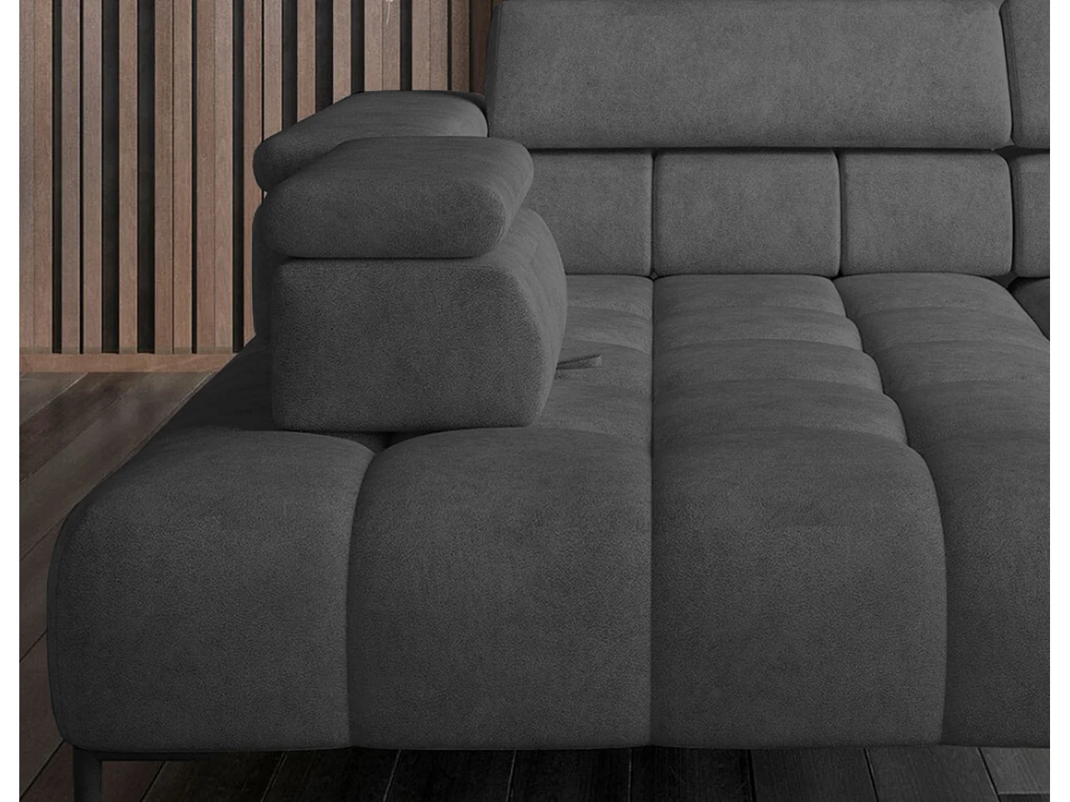 Canapé d'angle Plaza en forme de U - Côté gauche, Fonctionnel, Couchage confortable, Têtières réglables, Assise réglable 385x216 cm, Gris foncé