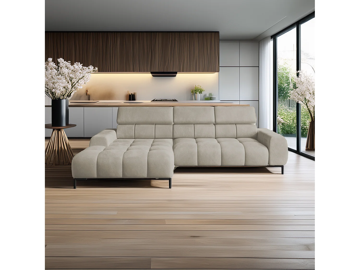 Ecksofa PLAZA-MINI Stoff SOLAR Longchair Links, Flauschige Rückenlehne, Industrial Style, L-Form, 270x99x177cm, L-CREME