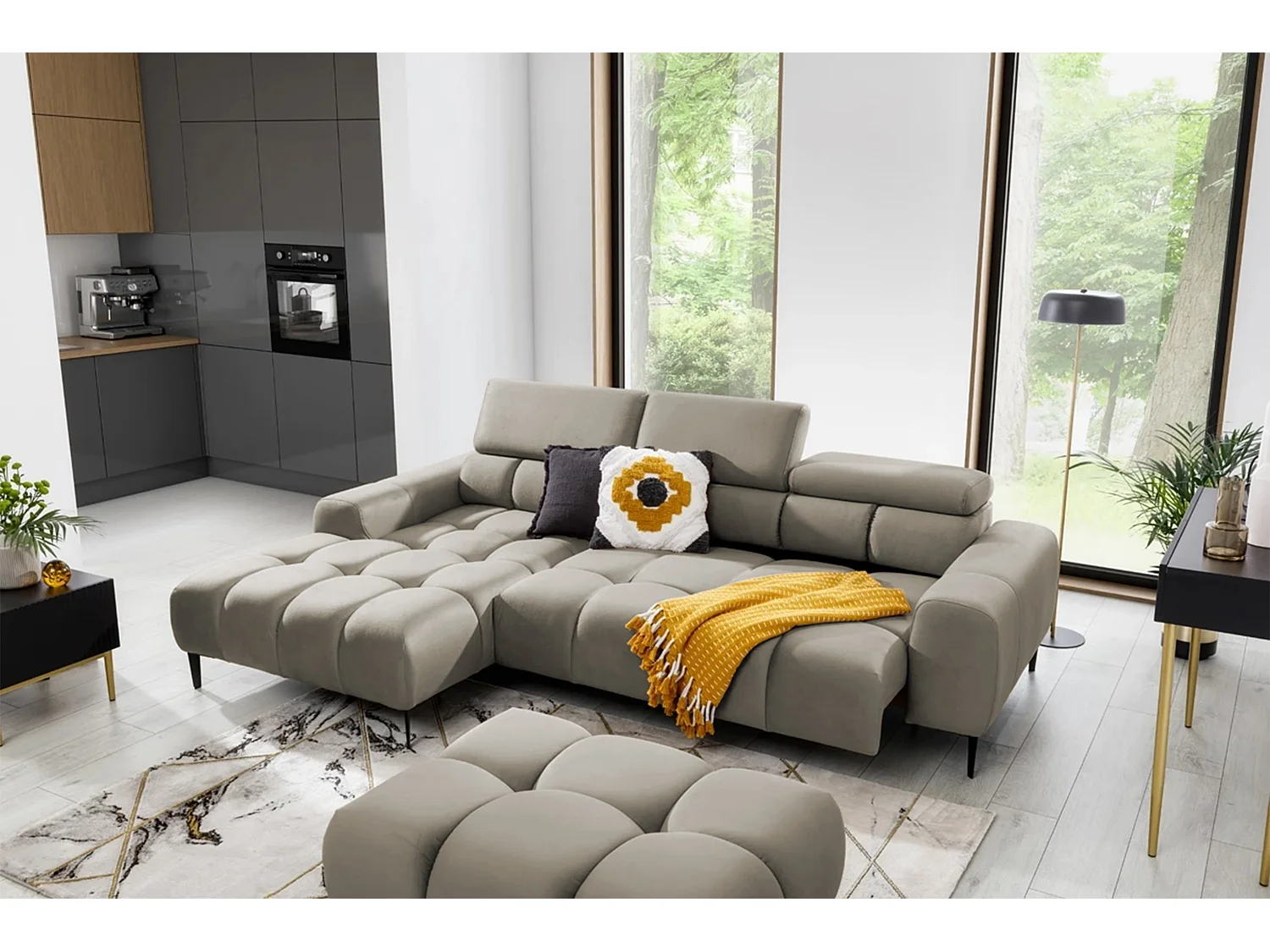 Ecksofa PLAZA-MINI Stoff SOLAR Longchair Links, Flauschige Rückenlehne, Industrial Style, L-Form, 270x99x177cm, L-CREME