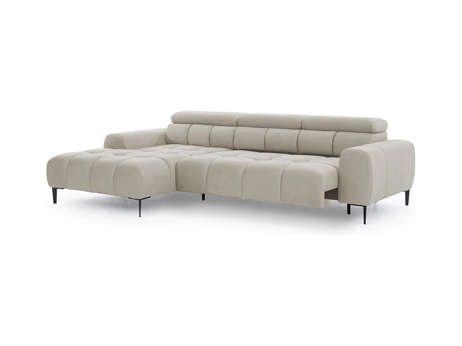Ecksofa PLAZA-MINI Stoff SOLAR Longchair Links, Flauschige Rückenlehne, Industrial Style, L-Form, 270x99x177cm, L-CREME