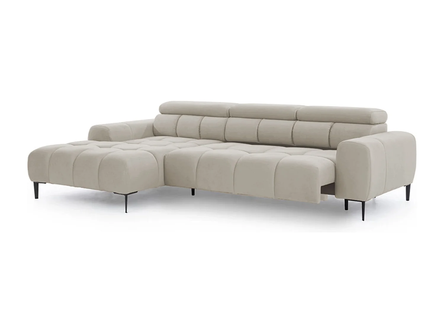 Hoeksalon PLAZA-MINI Stof SOLAR Longchair Links, Zachte Rugleuning, Industrieel Stijl, L-Vorm, 270x99x177cm, L-CREME