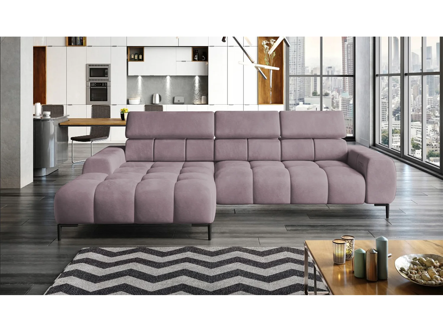 PlazaMINI Polsterecke L-Form Links, Ecksofa mit Schlaffunktion, 3-Sitzer, verstellbare Kopfstützen, MONOLITH, 177x270x99 cm, Puderrosa