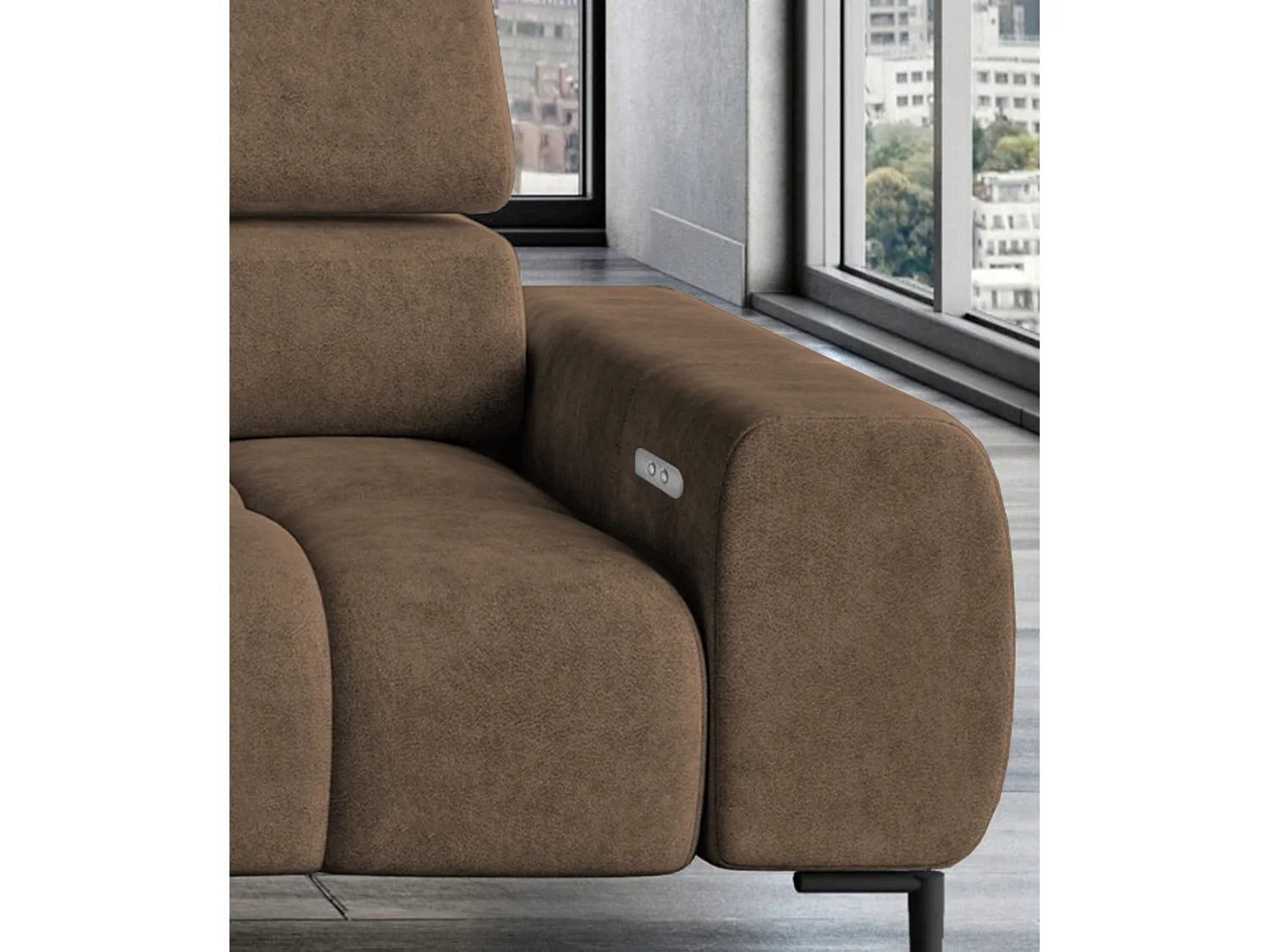 PlazaMINI PolstereckeL-Form Links, Hoekbank met Slaapfunctie, 3-zits, Verstelbare hoofdsteunen, MONOLITH, 177x270x99 cm, Bruin