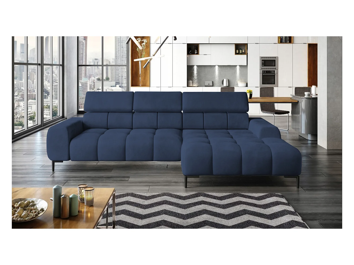 PlazaMINI Polsterecke L-Form Rechts, Ecksofa mit Schlaffunktion, 3-Sitzer, verstellbare Kopfstützen, MONOLITH, 177x270x99 cm, Blau