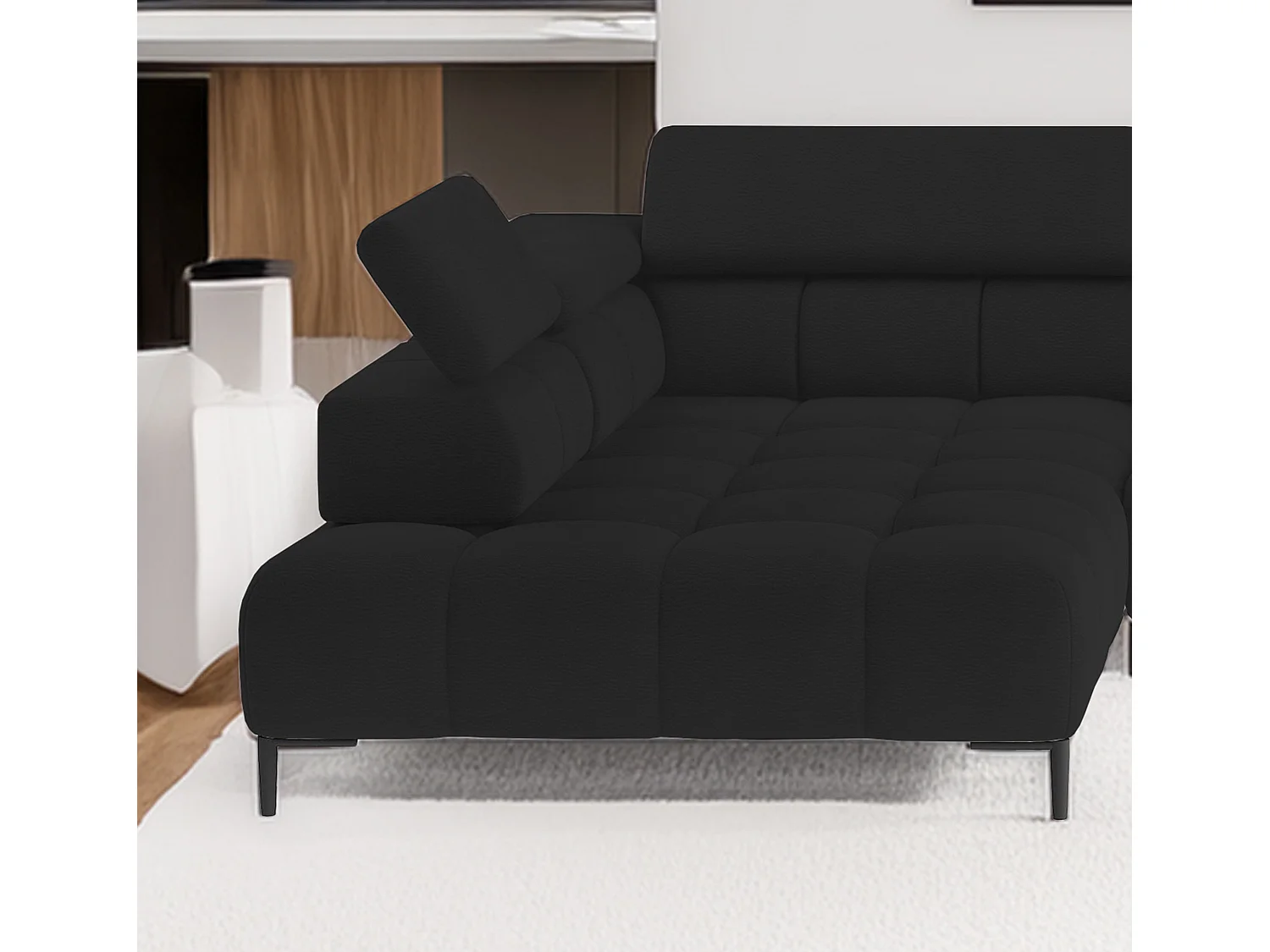 Ecksofa PLAZA-U Stoff SOLAR Eckcouch inkl. bequemer flauschiger Rückenlehne, lang links 216cm, kurz rechts 177cm Industrial Style U-Form Schwarz