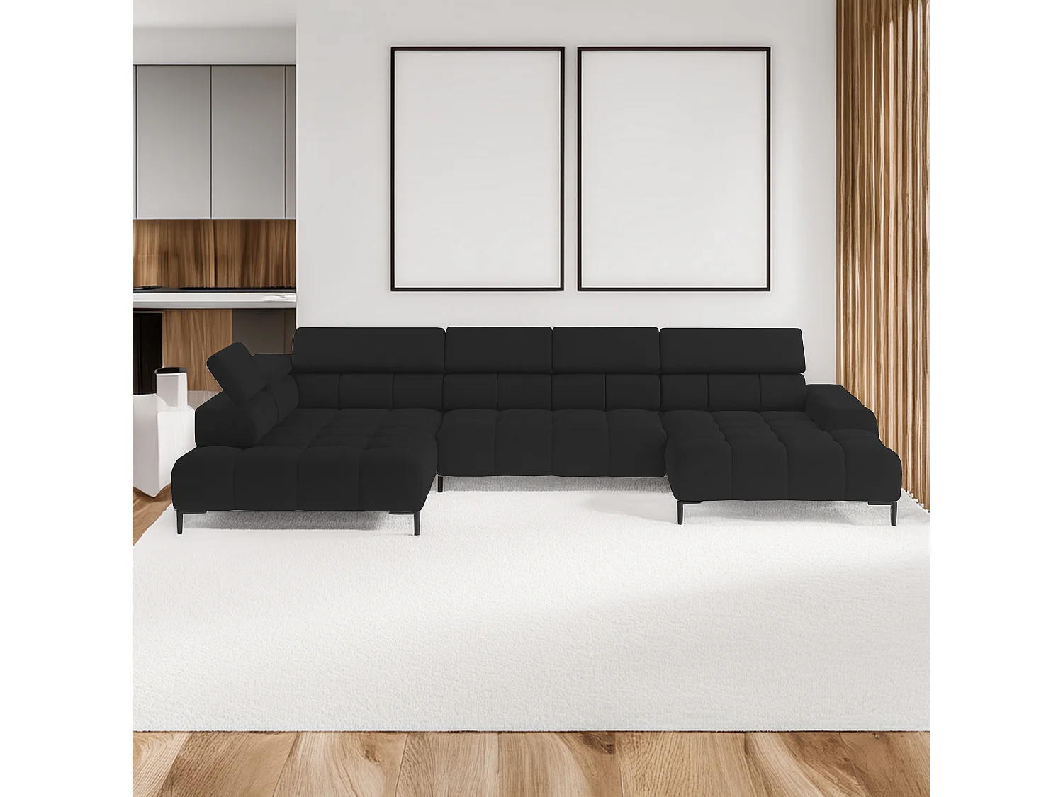 Ecksofa PLAZA-U Stoff SOLAR Eckcouch inkl. bequemer flauschiger Rückenlehne, lang links 216cm, kurz rechts 177cm Industrial Style U-Form Schwarz
