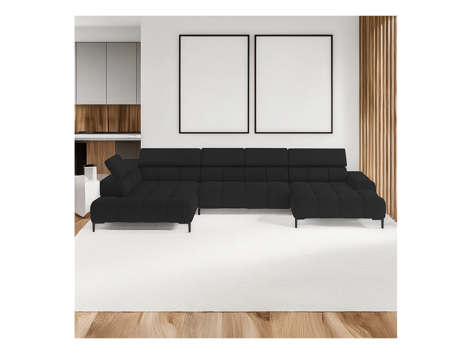 Canapé d'angle PLAZA-U tissu SOLAR avec dossier moelleux, style industriel, U-forme, gauche 385x99x216cm, 216cm long, 177cm court, Noir