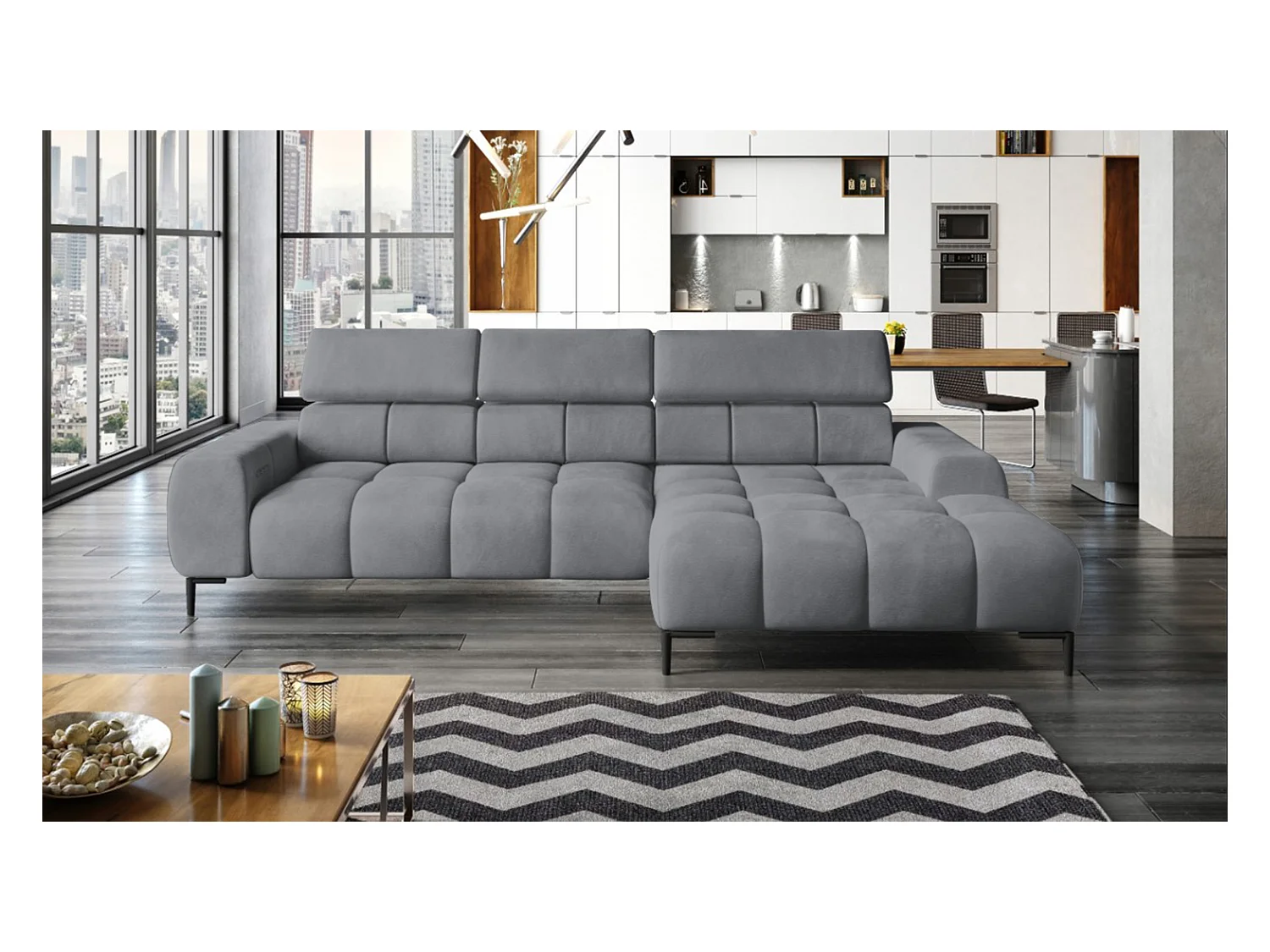 PlazaMINI Polsterecke L-Form Rechts, Ecksofa mit Schlaffunktion, 3-Sitzer, verstellbare Kopfstützen, MONOLITH, 177x270x99 cm, Grau