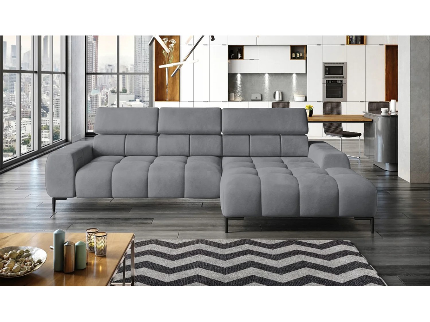 PlazaMINI Polsterecke L-Form Rechts, Ecksofa mit Schlaffunktion, 3-Sitzer, verstellbare Kopfstützen, MONOLITH, 177x270x99 cm, Grau