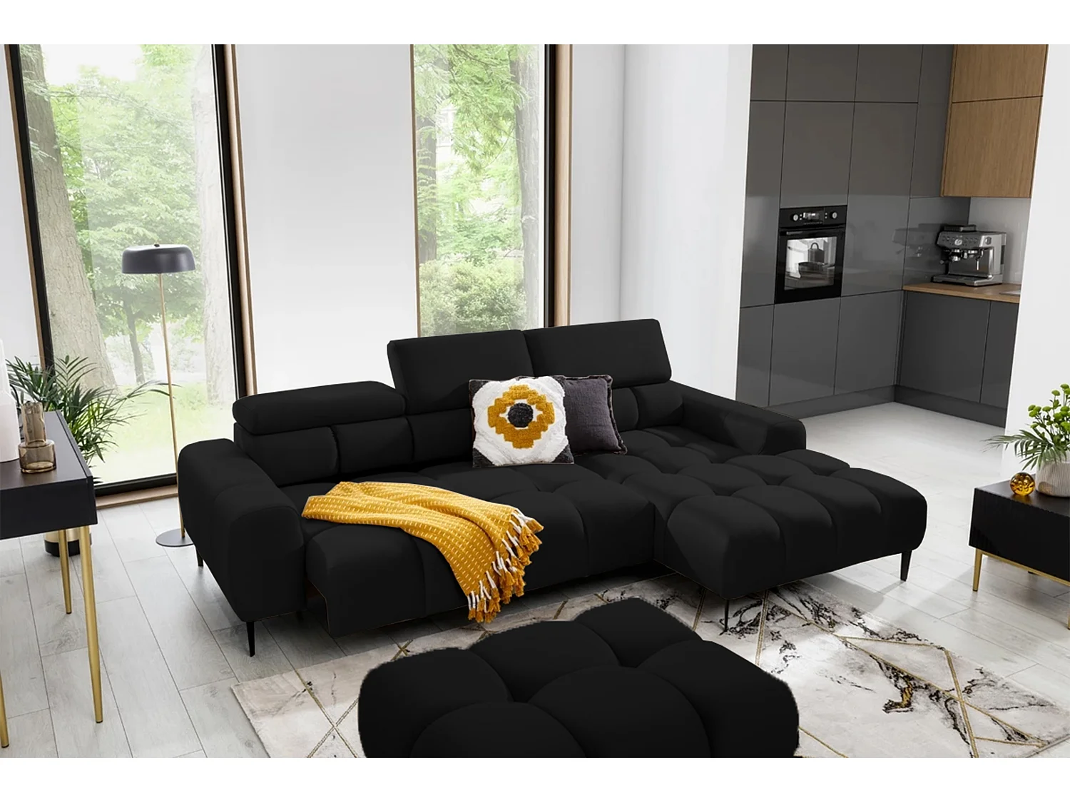 Hoeksalon PLAZA-MINI Stof SOLAR Longchair Rechts, Zachte Rugleuning, Industrieel Stijl, L-Vorm, 270x99x177cm, R-ZWART