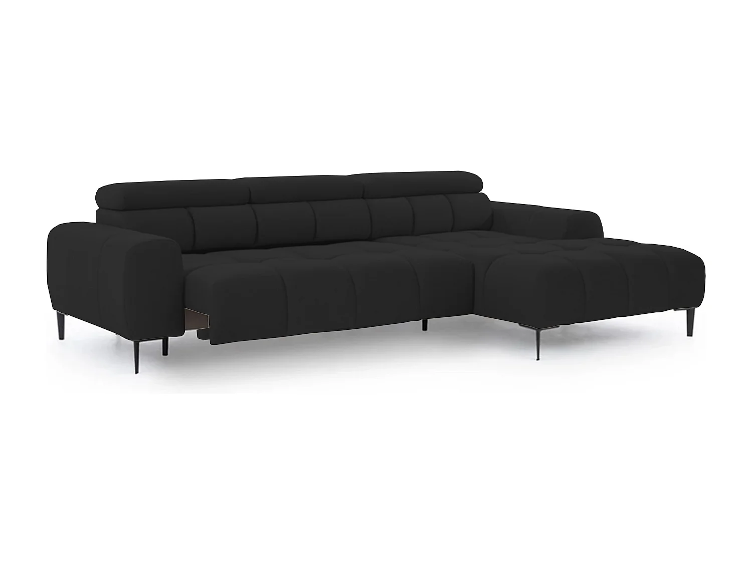 Hoeksalon PLAZA-MINI Stof SOLAR Longchair Rechts, Zachte Rugleuning, Industrieel Stijl, L-Vorm, 270x99x177cm, R-ZWART