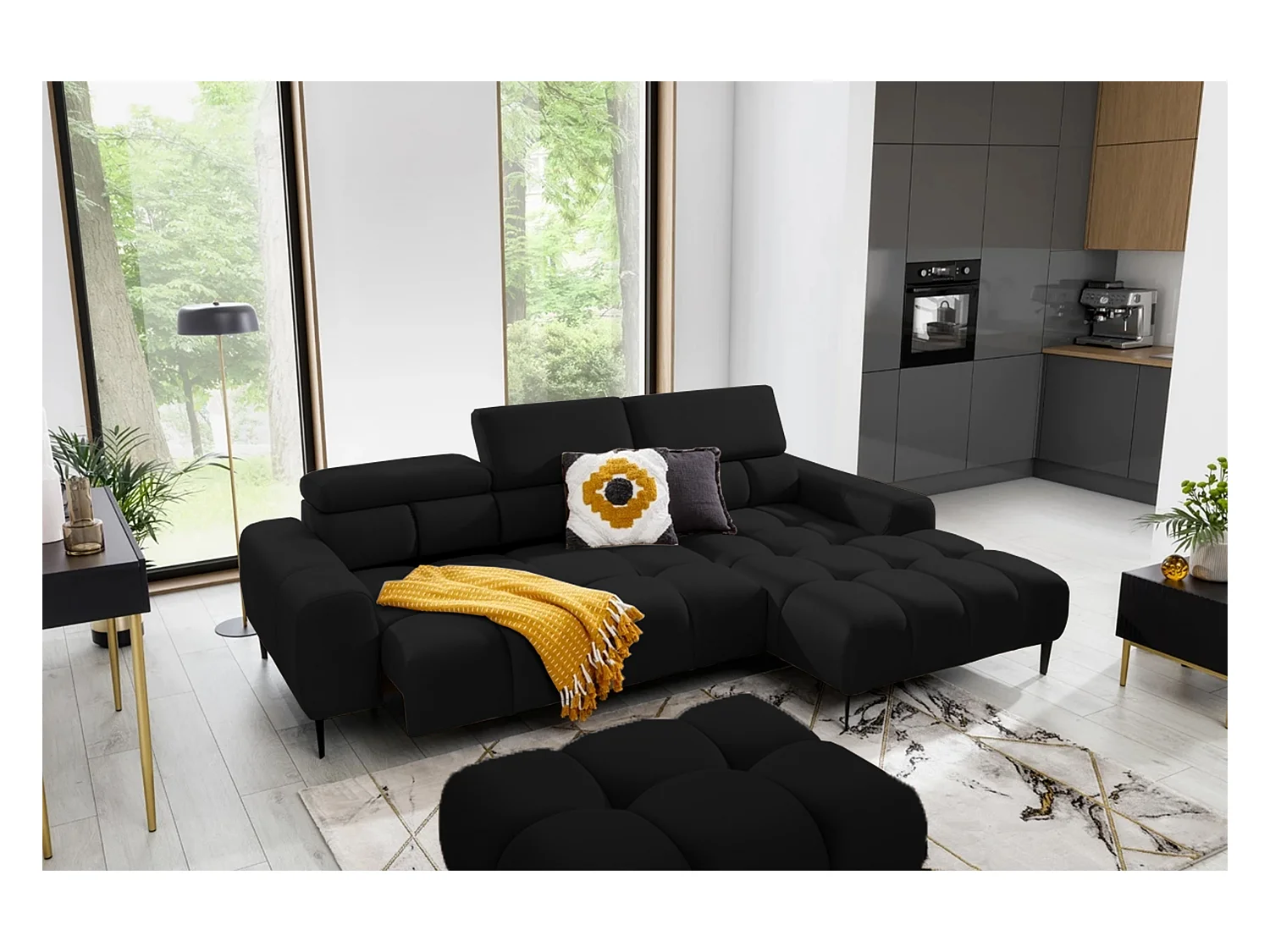 Canapé d'angle PLAZA-MINI tissu SOLAR méridienne droite, dossier moelleux, style industriel, L-forme, 270x99x177cm, R-NOIR