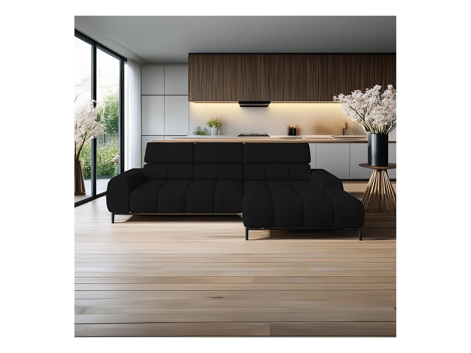 Canapé d'angle PLAZA-MINI tissu SOLAR méridienne droite, dossier moelleux, style industriel, L-forme, 270x99x177cm, R-NOIR