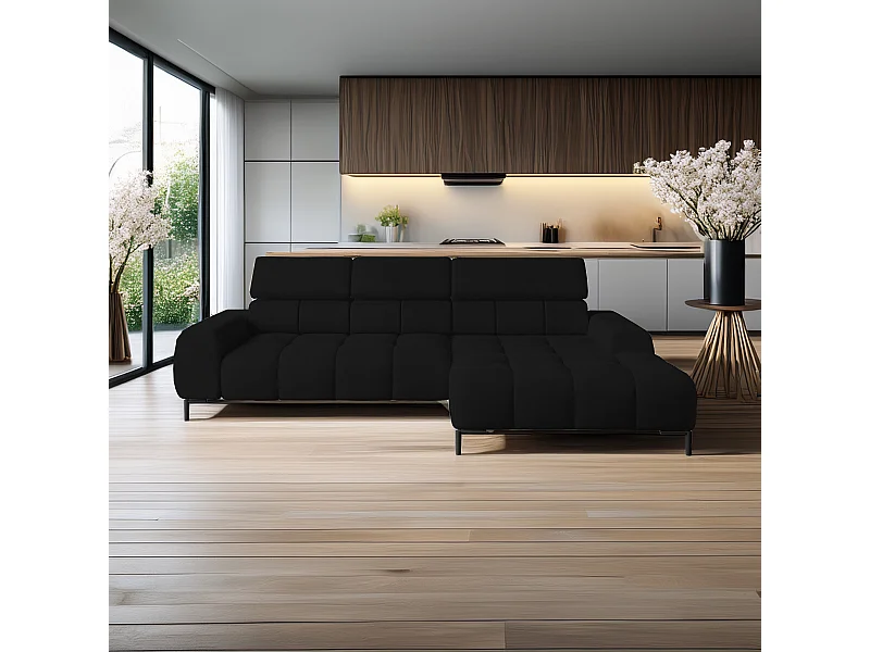 Ecksofa PLAZA-MINI Stoff SOLAR Longchair Rechts, Flauschige Rückenlehne, Industrial Style, L-Form, 270x99x177cm, R-SCHWARZ