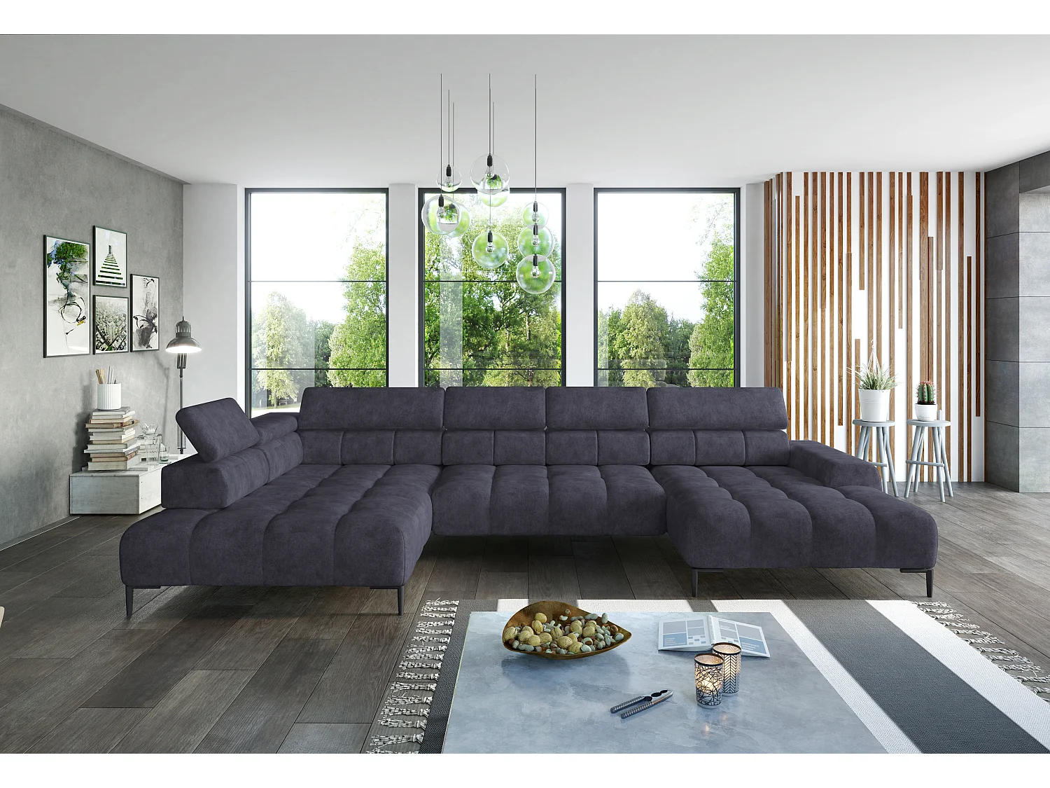 Plaza Ecksofa U-Form - Linke Seite, Schlaffunktion, Verstellbare Kopfstützen, Wellenfedersystem, Hochelastischer Schaum, 385x216 cm, Marineblau