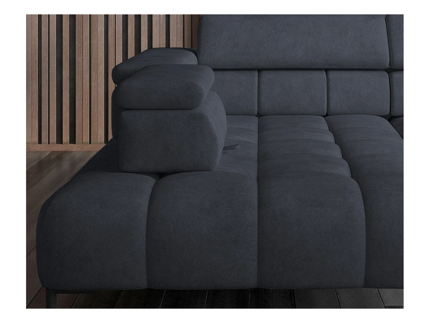 Canapé d'angle Plaza en forme de U - Côté gauche, Fonctionnel, Couchage confortable, Têtières réglables, Assise réglable 385x216 cm, Bleu marine