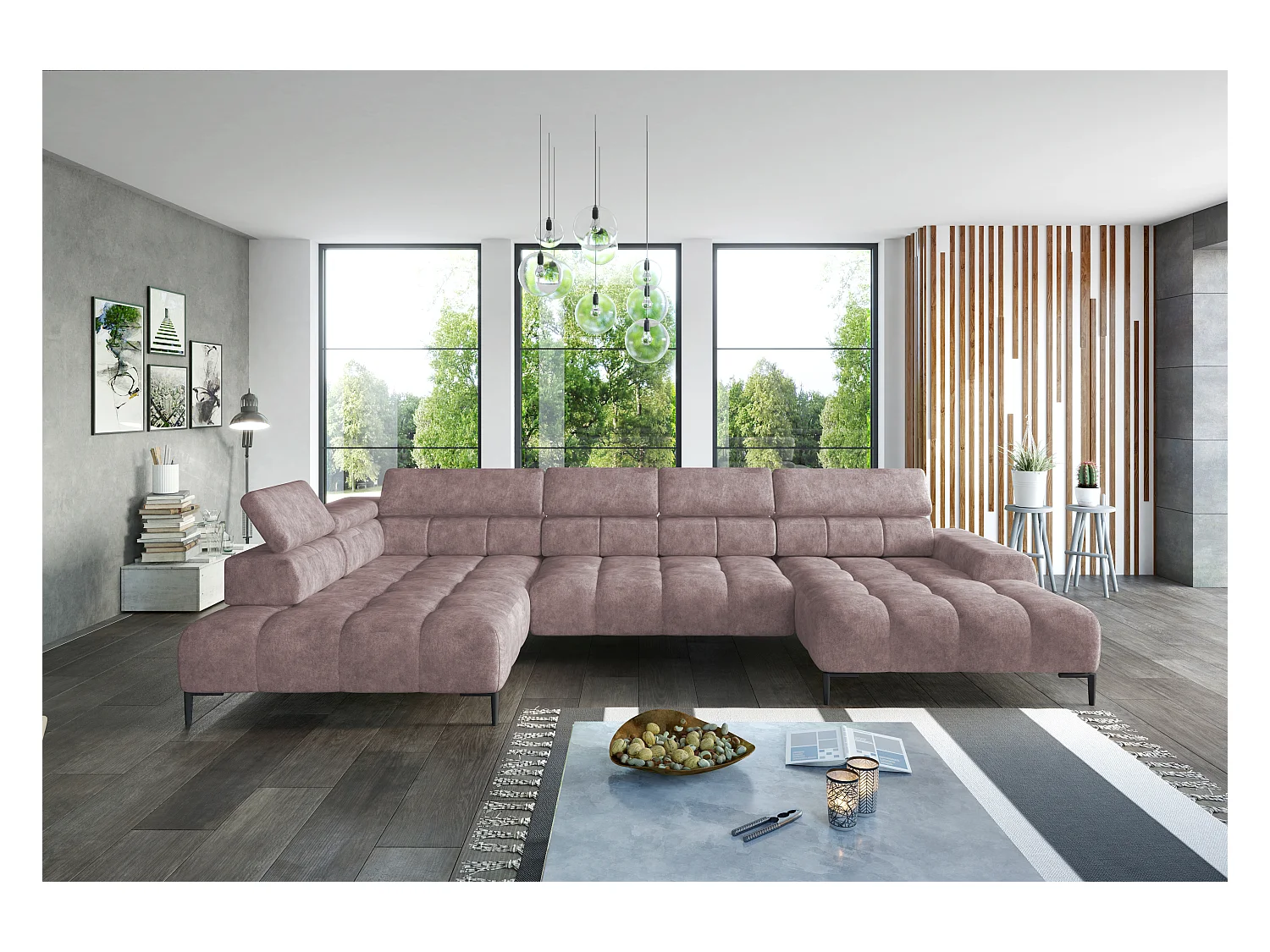 Canapé d'angle Plaza en forme de U - Côté gauche, Fonctionnel, Couchage confortable, Têtières réglables, Assise réglable 385x216 cm, Rose poudré