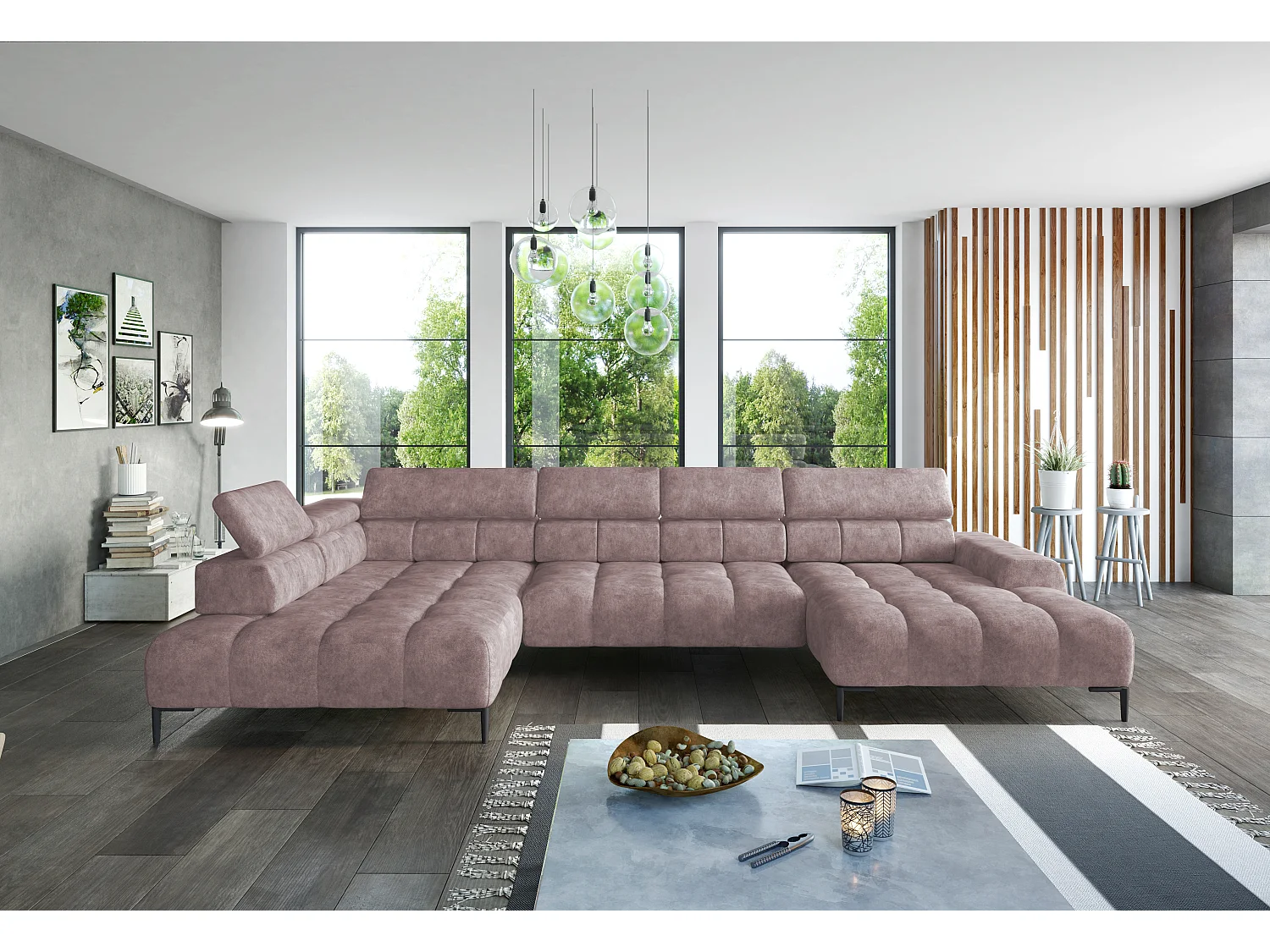 Canapé d'angle Plaza en forme de U - Côté gauche, Fonctionnel, Couchage confortable, Têtières réglables, Assise réglable 385x216 cm, Rose poudré