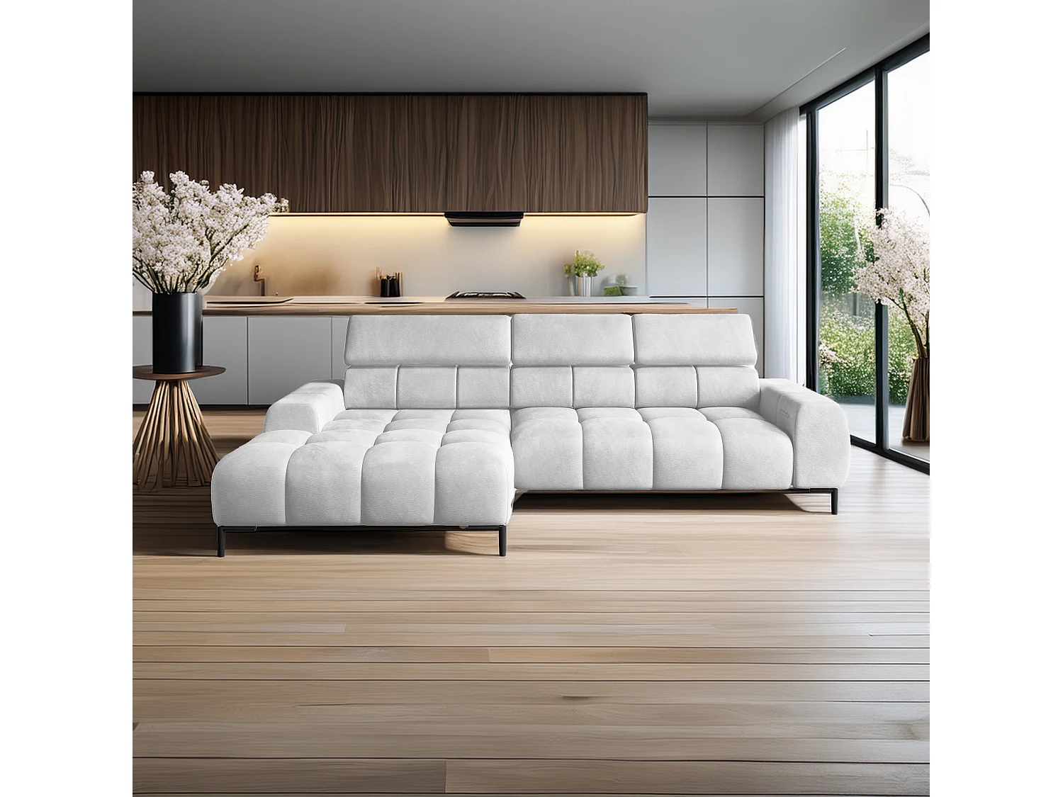 Hoeksalon PLAZA-MINI Stof SOLAR Longchair Links, Zachte Rugleuning, Industrieel Stijl, L-Vorm, 270x99x177cm, L-WIT