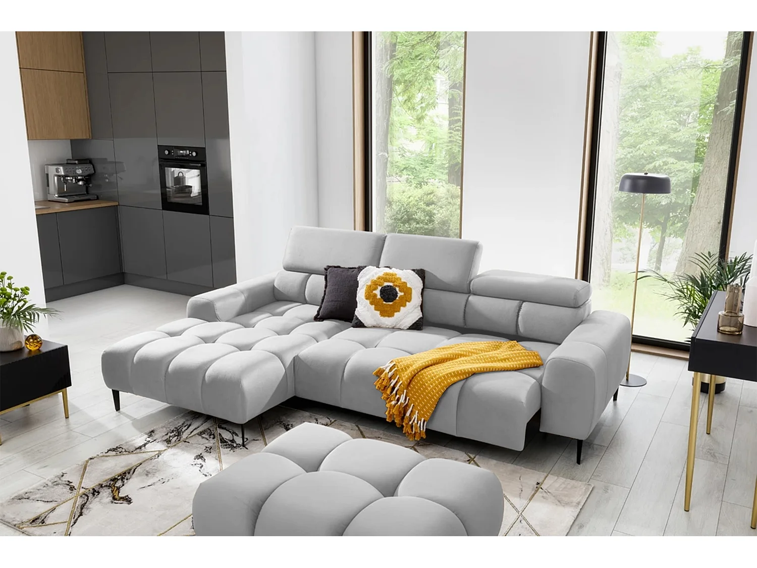 Hoeksalon PLAZA-MINI Stof SOLAR Longchair Links, Zachte Rugleuning, Industrieel Stijl, L-Vorm, 270x99x177cm, L-WIT