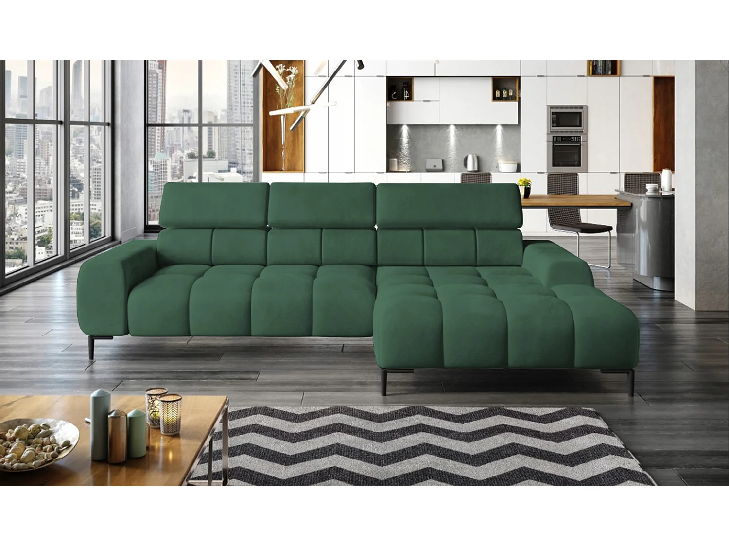 PlazaMINI PolstereckeL-Form Rechts, Hoekbank met Slaapfunctie, 3-zits, Verstelbare hoofdsteunen, MONOLITH, 177x270x99 cm, Groen