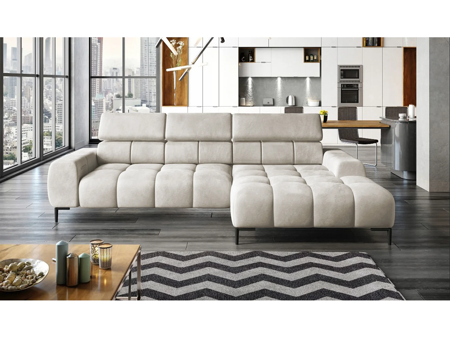 PlazaMINI Hoekbank L-Form Rechts, Bank met Slaapfunctie, 3-Zits, Verstelbare Hoofdkussens, Stof: SALVADOR, 177x270x99 cm, Beige Crème