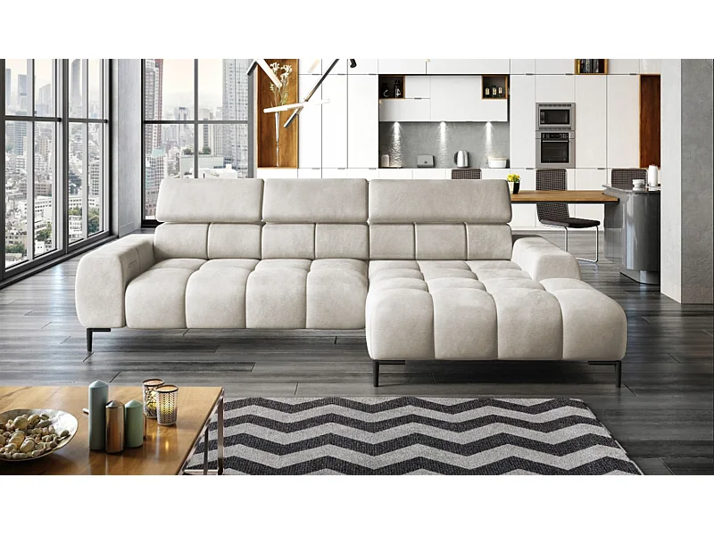 PlazaMINI Canapé d'angle L-forme Droit, canapé avec fonction lit, 3 places, têtières réglables, tissu : SALVADOR, 177x270x99 cm, Beige Crème