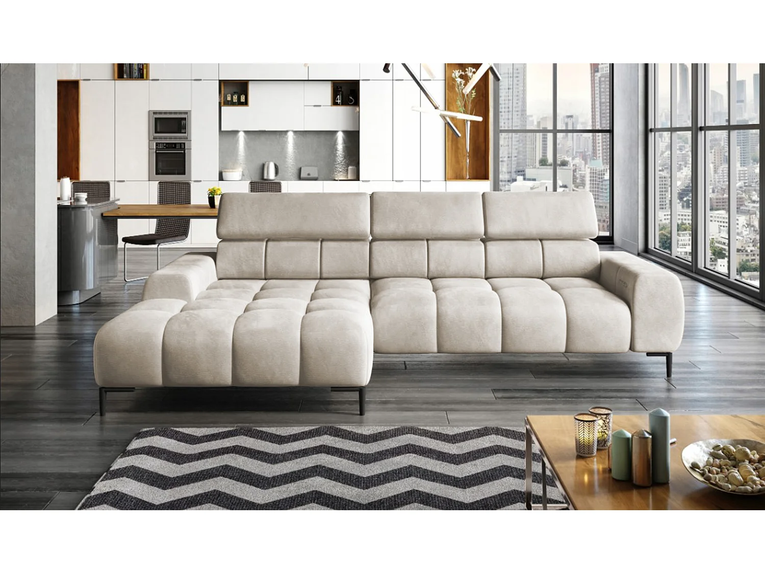 PlazaMINI PolstereckeL-Form Links, Hoekbank met Slaapfunctie, 3-zits, Verstelbare hoofdsteunen, MONOLITH, 177x270x99 cm, Beige