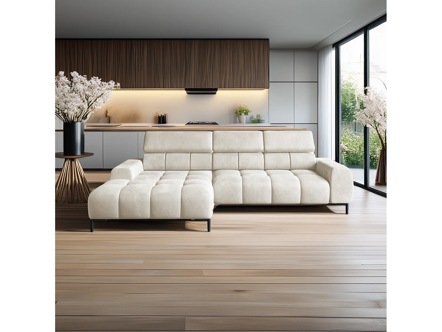 Hoeksalon PLAZA-MINI Stof SOLAR Longchair Links, Zachte Rugleuning, Industrieel Stijl, L-Vorm, 270x99x177cm, L-ESDOORN