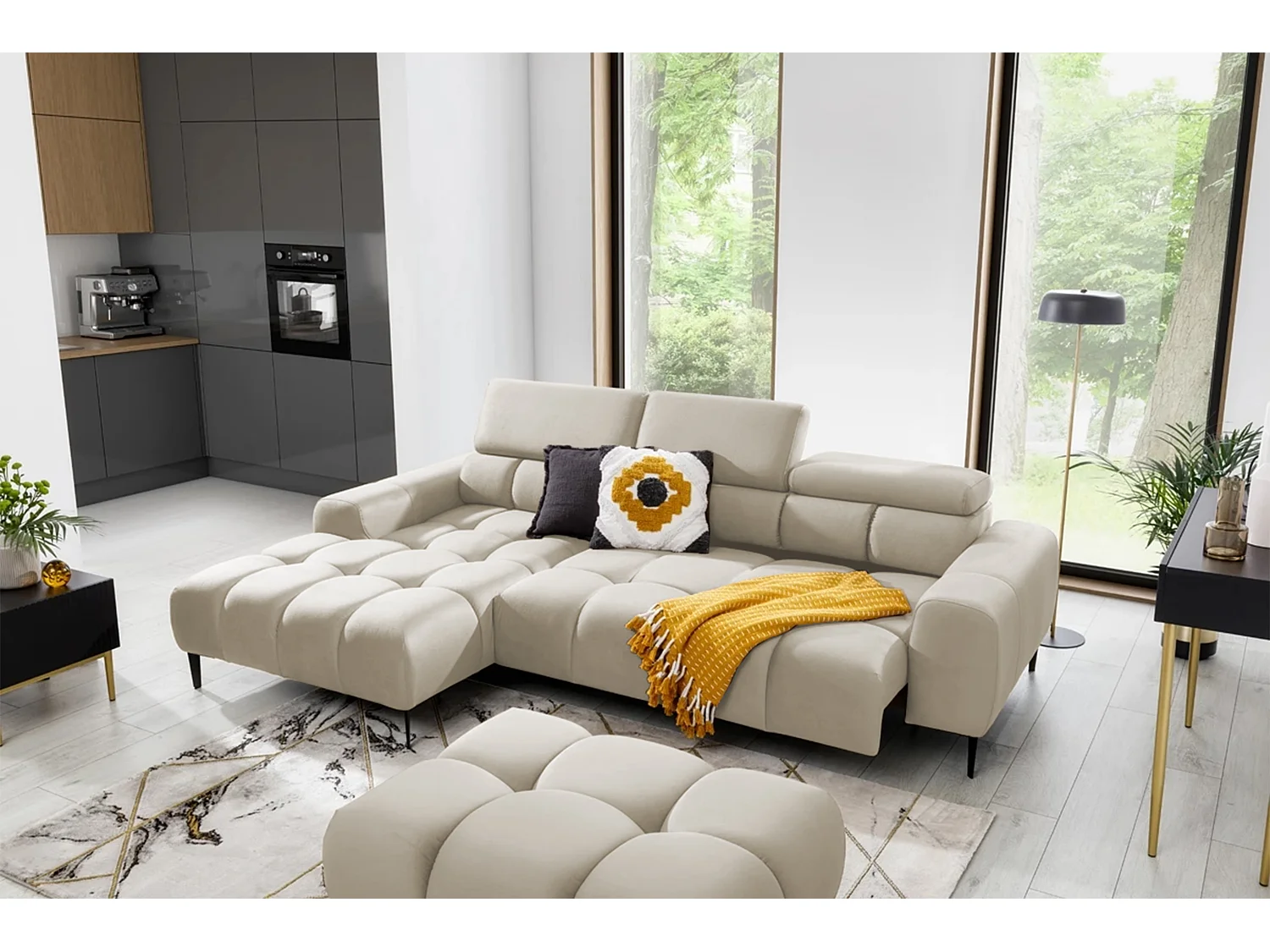 Hoeksalon PLAZA-MINI Stof SOLAR Longchair Links, Zachte Rugleuning, Industrieel Stijl, L-Vorm, 270x99x177cm, L-ESDOORN