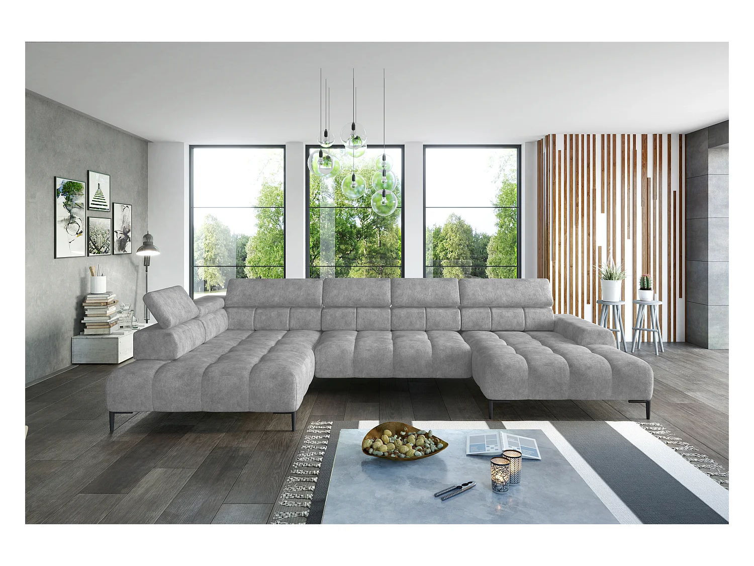 Canapé d'angle Plaza en forme de U - Côté gauche, Fonctionnel, Couchage confortable, Têtières réglables, Assise réglable 385x216 cm, Gris clair